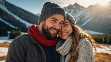 young couple in a romantic embrace. The man is on the left side of the image, wearing a red scarf around his neck. He has a beard and is looking down at the woman with a smile on his face photo