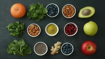 lay of various fruits and vegetables arranged in a circular pattern on a dark grey background. There are nine bowls in total, each containing a different type of food photo