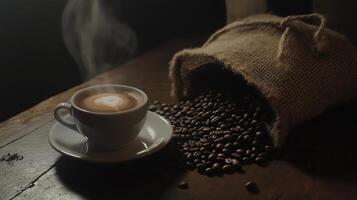 cup of coffee on a wooden table. The cup is white with a saucer and is placed on the left side of the table. On the right side, there is a burlap sack filled with coffee beans photo