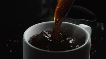close-up of a white coffee cup with a handle on the left side. The cup is filled with a dark brown liquid, which appears to be coffee, and is being poured into it photo