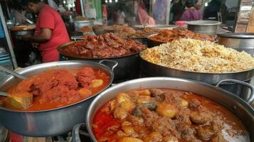 variety of Indian food items on display at a market stall. There are several large pots and pans filled with different types of food, including curry, meat, and vegetables. photo