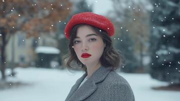young woman wearing a red beret and a gray coat. She is standing in a snowy landscape with trees and buildings in the background photo