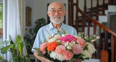 portrait of an asian elderly man standing in a room with a staircase in the background. The asian man is on the left side of the image photo