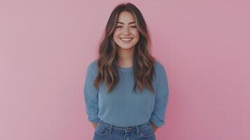 portrait of a young woman standing against a pink background photo
