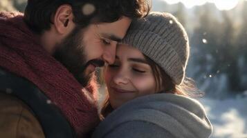 young couple in a romantic embrace. The man is on the left side of the image, wearing a red scarf around his neck. photo