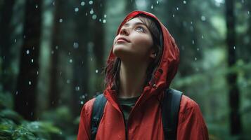 young woman wearing a red light raincoat with a hood, standing in a forest. She is looking up towards the sky with a peaceful expression on her face photo