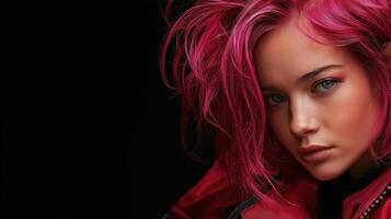 a close-up portrait of a young woman with bright pink hair. She is wearing a red jacket and has a serious expression on her face photo