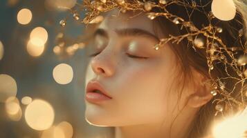 portrait of a young woman with her eyes closed and her lips slightly parted, as if she is blowing a kiss photo