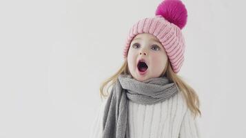 young girl, probably around 2-3 years old, wearing a pink knitted hat with a pom-pom on top. She is also wearing a white sweater with a gray scarf around her neck photo