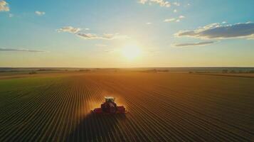 vast agricultural field with rows of green plants. The sky is blue with a few white clouds scattered across it. The sun is setting in the distance photo