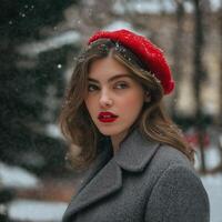 young woman wearing a red beret and a gray coat. She is standing in a snowy landscape photo