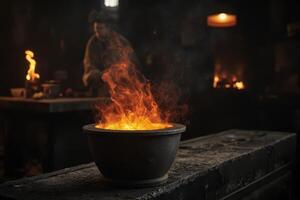 a pot of molten metal is on fire in a blacksmith's shop photo