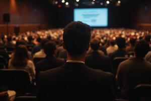 A man in a suit is sitting in front of a large audience photo