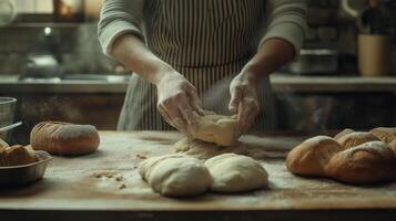 person's hands kneading dough on a wooden table in a kitchen photo