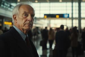 an older man standing in an airport photo