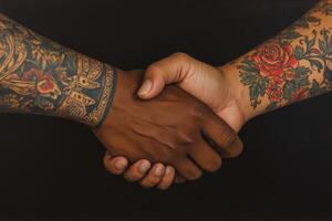 Two people with tattoos shaking hands photo