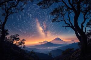 A star trail over the mountains and trees photo