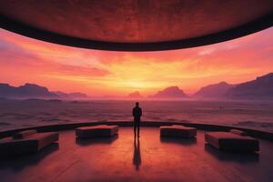 A man stands in front of a circular room with a sunset in the background photo