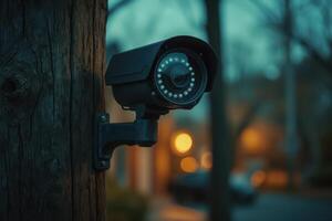 a security camera on a pole in the city photo