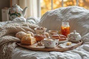 A tray of food on a bed photo