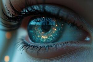 A close up of a woman's eye with a glowing iris photo