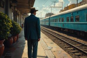 a man in a suit stands on the platform of a train photo