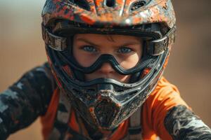 a young boy wearing an orange helmet and riding a dirt bike photo