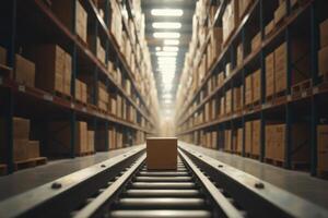 A warehouse with boxes on a conveyor belt photo