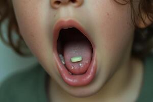 A child's mouth with a pill in it photo