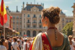 A woman in a traditional dress in front of a crowd photo