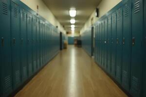 a long hallway with blue lockers and wooden floors photo