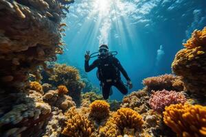a scuba diver is standing on the reef with sunlight shining through the water photo