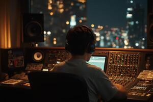 a man in headphones at a mixing desk with city lights in the background photo