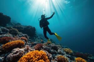 a scuba diver is standing on the ocean floor with sunlight shining through the water photo
