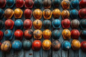many different colored hard hats are arranged on a wooden wall photo