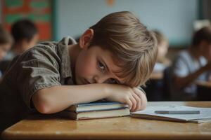 a young boy sitting at a desk with his head on his hand photo
