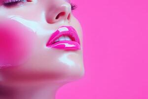 Close-up of glossy pink lips on vibrant background photo