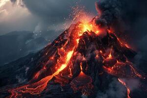 Active volcano erupts, spewing molten lava and dense smoke into sky photo