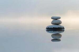 Smooth stones stacked in balance on calm water photo