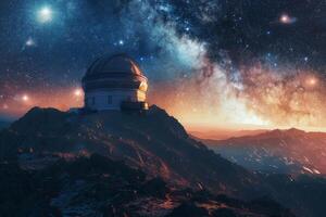 Astronomical telescope on top of a mountain with stars photo