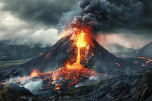 Active volcano erupts, spewing molten lava and dense smoke into sky. Concept of geological activity and force of nature photo