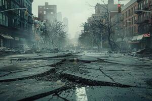 A street with a lot of debris and broken pavement photo