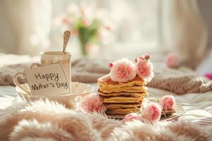 A stack of pancakes on a bed with a cup of coffee and a card that says happy mother photo