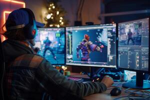 Game developer working on 3D character design in creative studio photo
