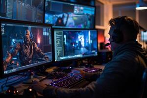 A man is playing games on multiple monitors photo