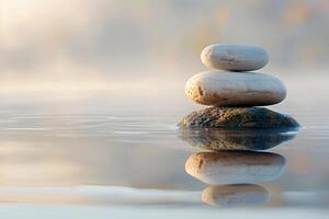 Smooth stones stacked in balance on calm water. Concept of tranquility and harmony in nature photo