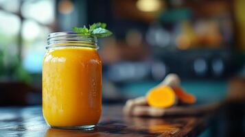 Refreshing Turmeric Beverage in a Jar with Mint Leaf Decoration photo