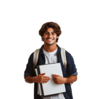 Smiling student with backpack and notebooks in hands png