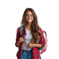 Smiling student with colorful backpack and plaid shirt png