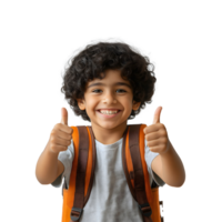 Smiling child with orange backpack giving a thumbs-up png